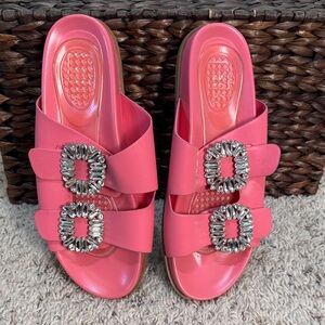 Shu Shop Women 10 Pink Sliver Metal Rhinestone Jewel Slip On Slide Sandals Flat